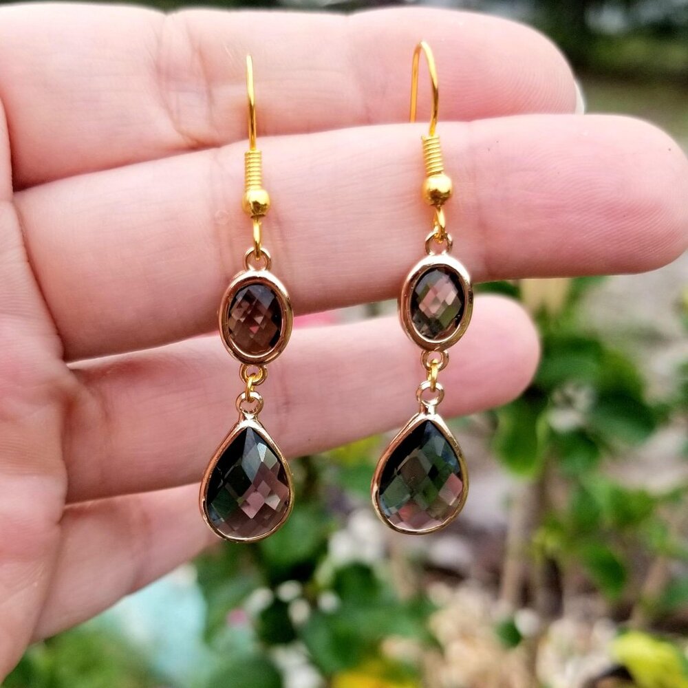 14k Gold Smoky Black Quartz Earrings, Tear Drop Earrings, Gold Dangle Earrings